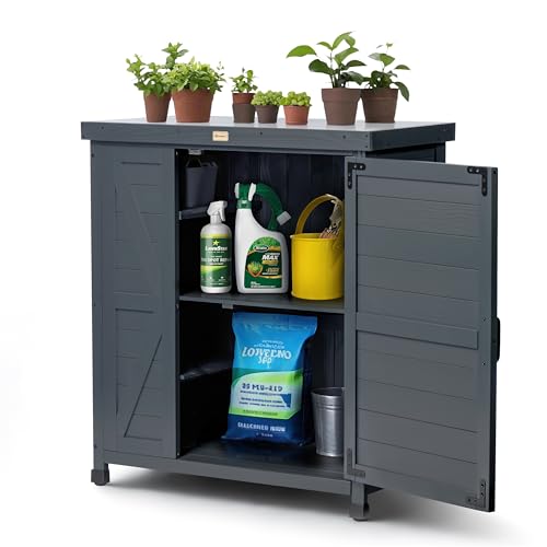 Outdoor Storage Cabinet with Metal Tabletop, Wooden Potting Bench Table, 3 Adjustable Shelves, Plant Workstation for Garden, Patio, Backyard, Lawn