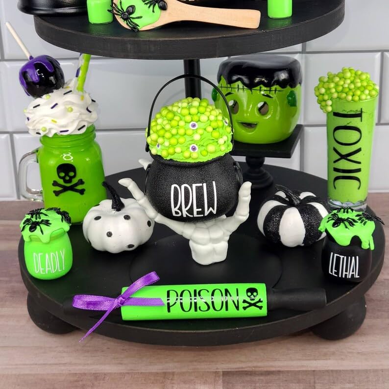 Halloween Set of 2 Mini Poison Jars and Wooden Spoon for Tiered Tray Decor, Halloween Toxic Jar, Halloween Jam Jar, Mini Lethal Jar, Mini Deadly Jar, Toxic and Spider Wooden Spoon