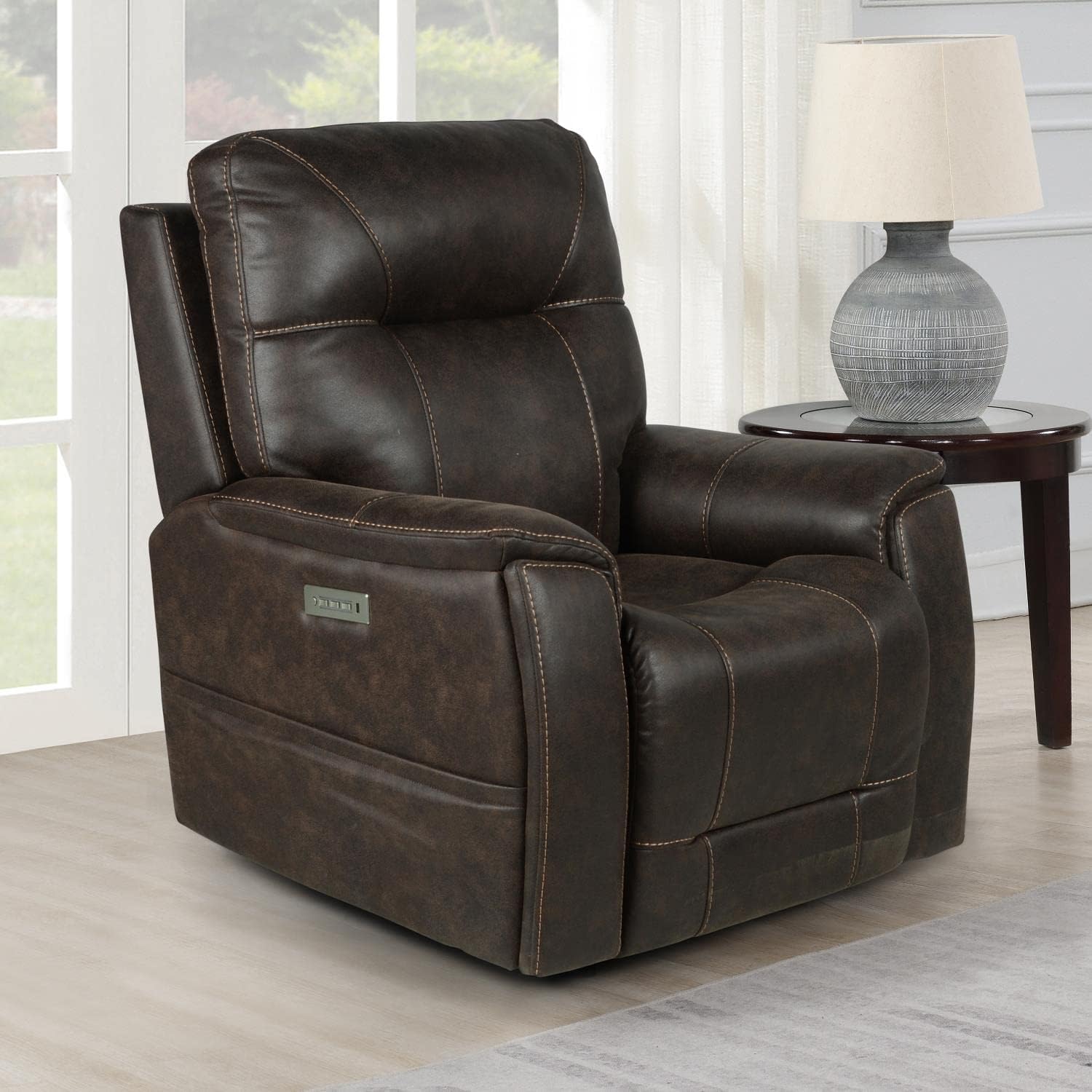 Steve Silver Lexington Triple Canyon Walnut Leatherette, Power Headrest, Footrest, Lumbar, Cupholders, Recliner Chair, 38 x 42 x 42, Saddle Brown