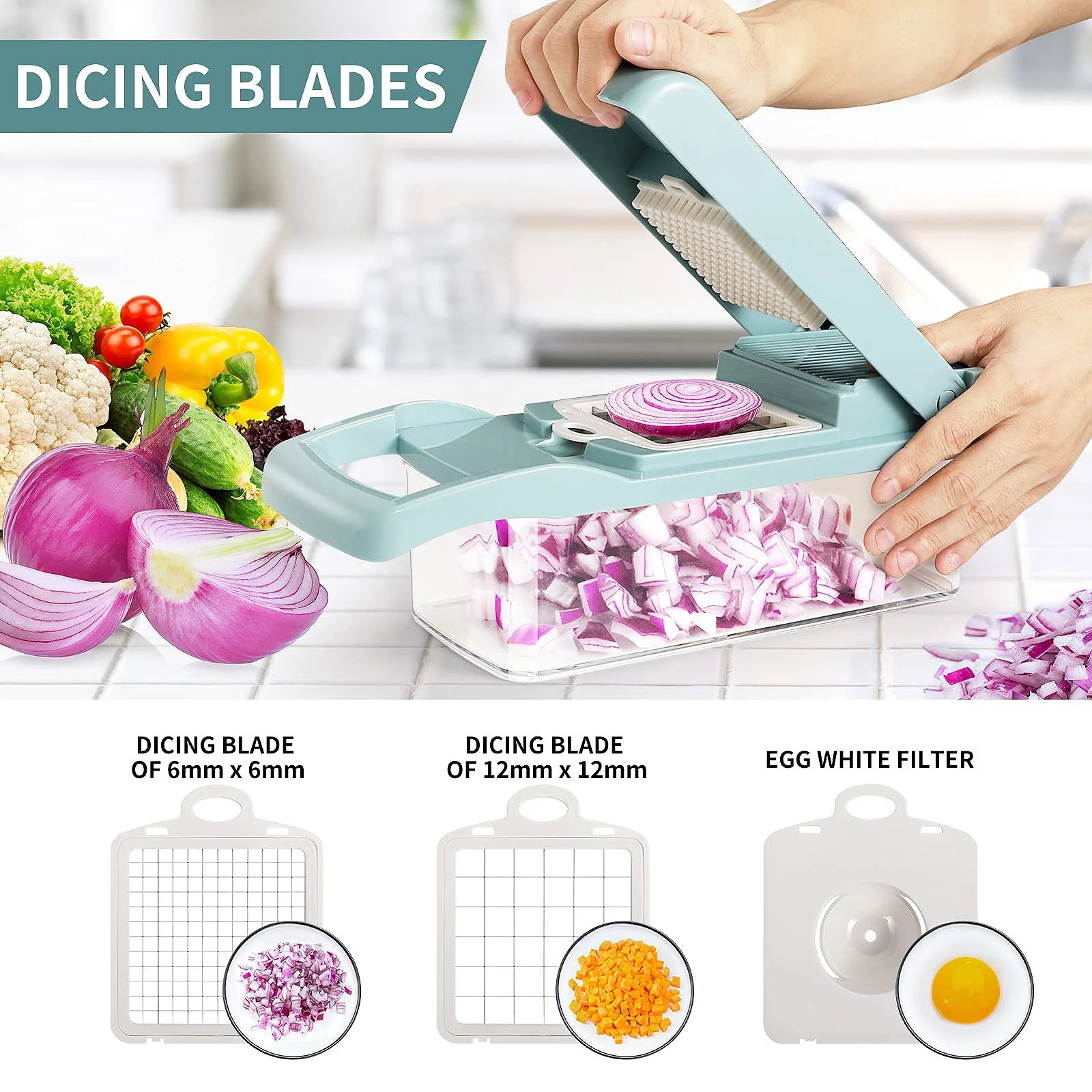 Vegetable Chopper, Multifunctional 13-in-1 Food Choppers Onion Chopper Vegetable Slicer Cutter Dicer Veggie chopper with 8 Blades, Colander Basket, Container for Salad Potato Carrot Garlic, COOSERRY
