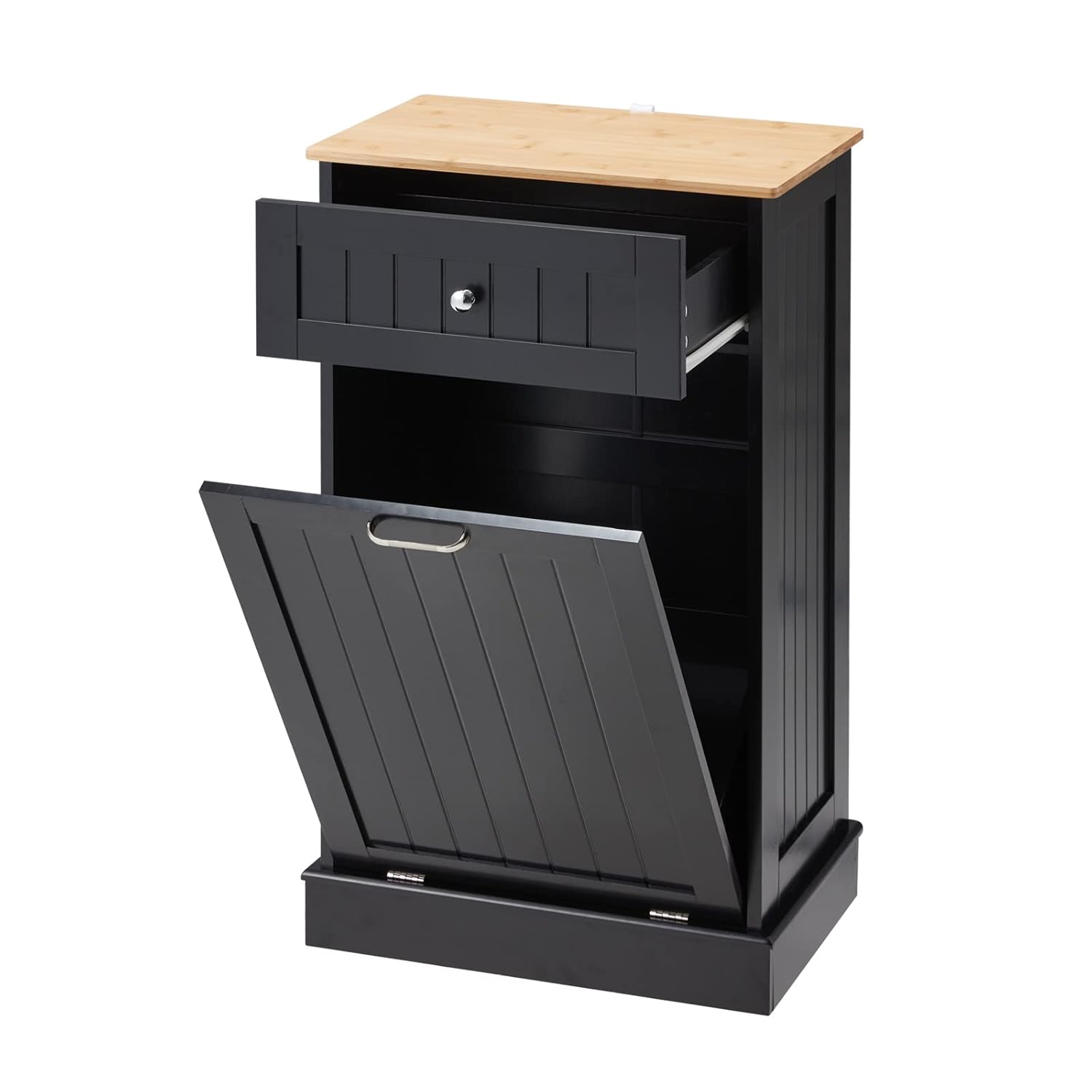Tilt Out Trash Can Cabinet 10 Gallon, Kitchen Freestanding Wood Recycling Trash Cabinet with Drawer & Cutting Board, Pet Proof Hidden Garbage Bin Holder for Home Laundry Bathroom, Black