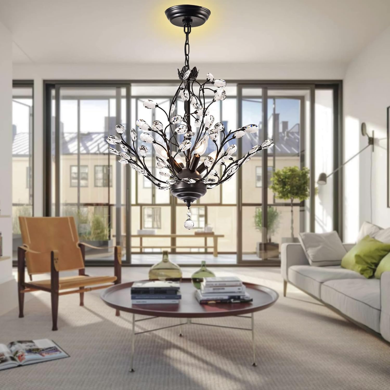 Maxax Vintage Crystal Branch Chandeliers, 4-Light Adjustable K9 Crystal Pendant Hanging Lighting Ceiling Light Fixtures Chandeliers for Dining Room, Living Room, Bedroom, Porch, Black