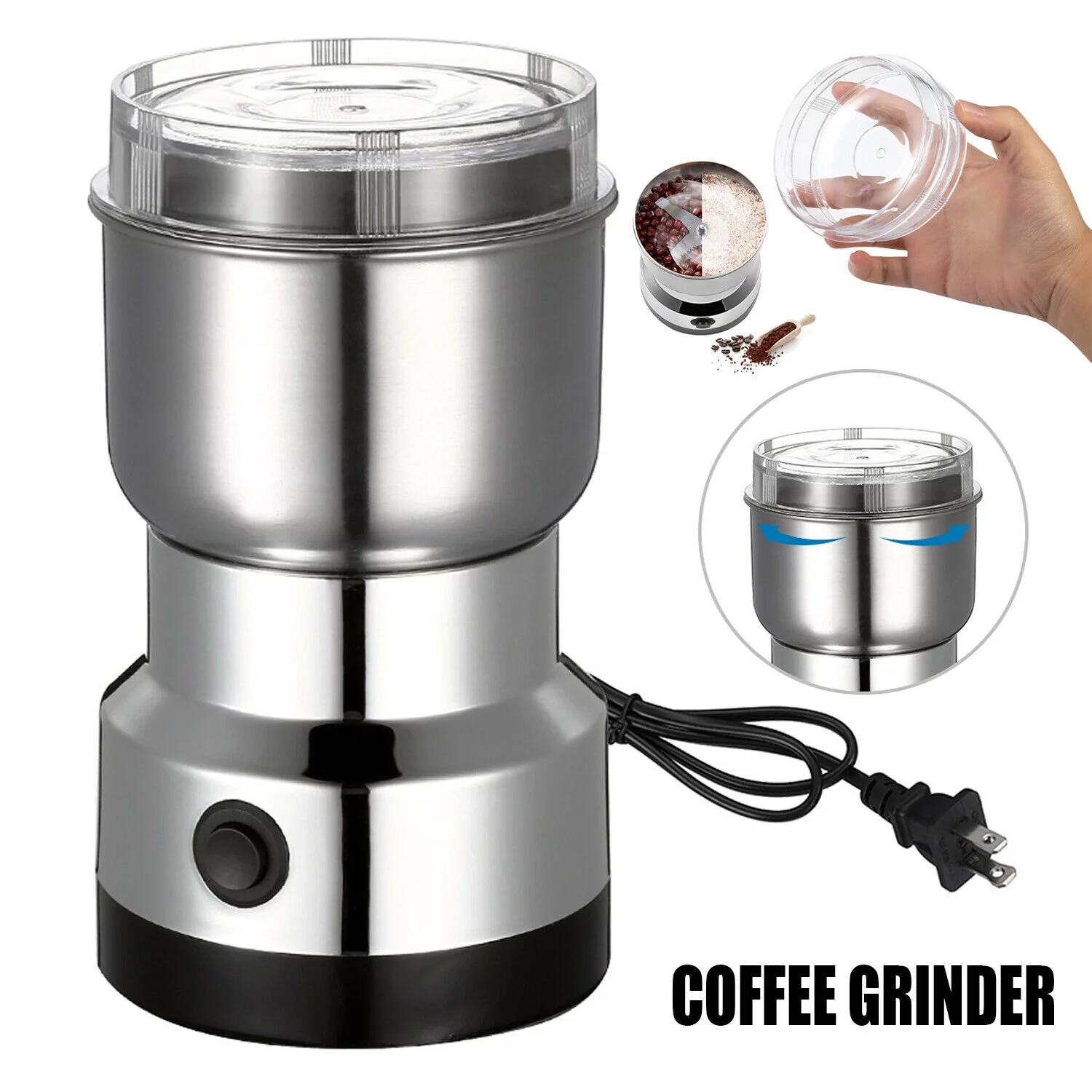 Electric Coffee Bean Grinder Seed Spice Crusher Nut Mill Blender Stainless Steel
