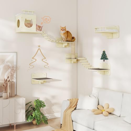 Cat Wall Shelves, Wall-Mounted Cat Furniture, Wooden Modern Wall Mounted Cat Climber Set Furniture with House, Bridge, Steps, Shelves for Indoor, Wooden Climbing with Scratching Post