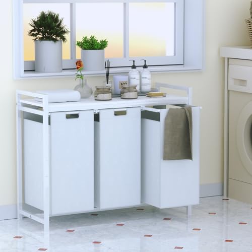 Laundry Hamper 3 Section with Shelf, Laundry Basket Organizer with 3 Removable Laundry Sorter Bags, 3 × 10 Gallons (38L) Laundry Organization for Laundry Room, Bathroom, Bedroom White