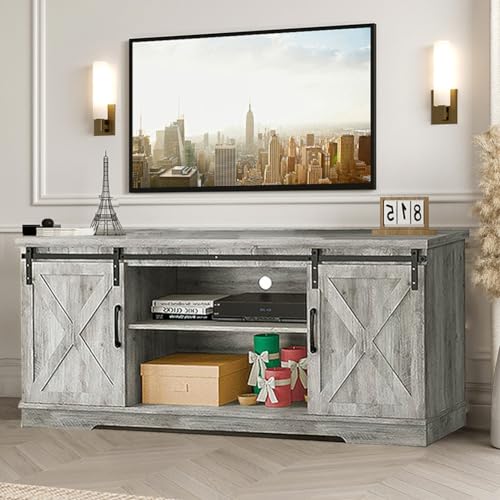 IDEALHOUSE Gray Barn Door TV Stand, Farmhouse Entertainment Center for 65 Inch TV, Modern Cabinet with Storage and Shelves, Livingroom