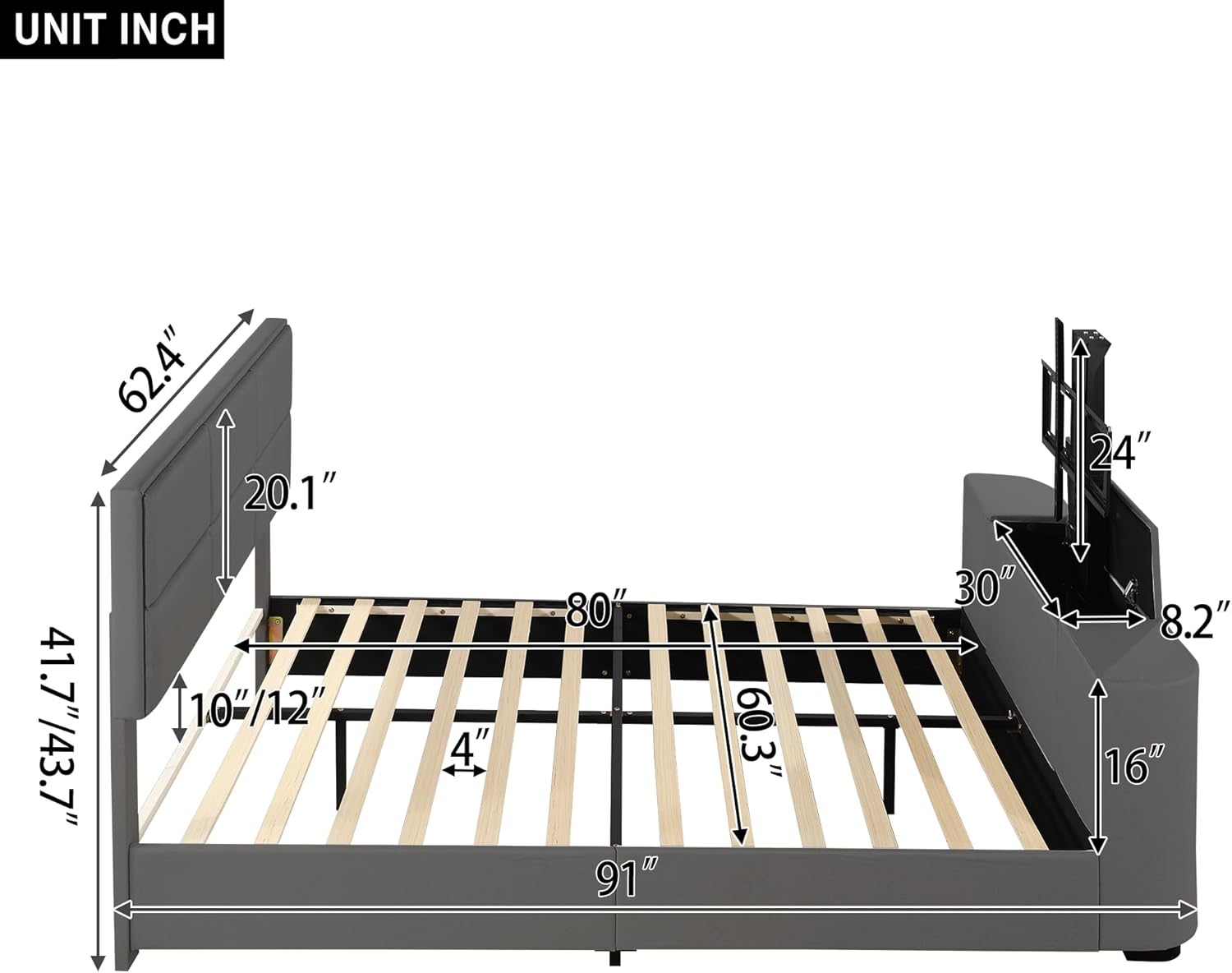 Queen Size Upholstered Platform Bed with Telescopic TV Stand, Modern Solid Wooden Bedframe with Adjustable Headboard & Support Legs, Media Storage Design, No Box Spring Needed, Gray