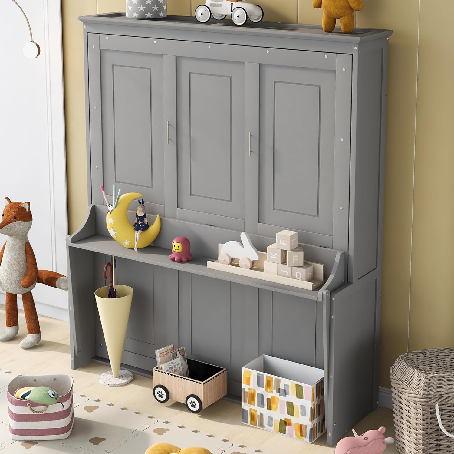 Queen Murphy Bed with a Shelf, Space-Saving Wall Bed for Guest Room or Home Office, Gray