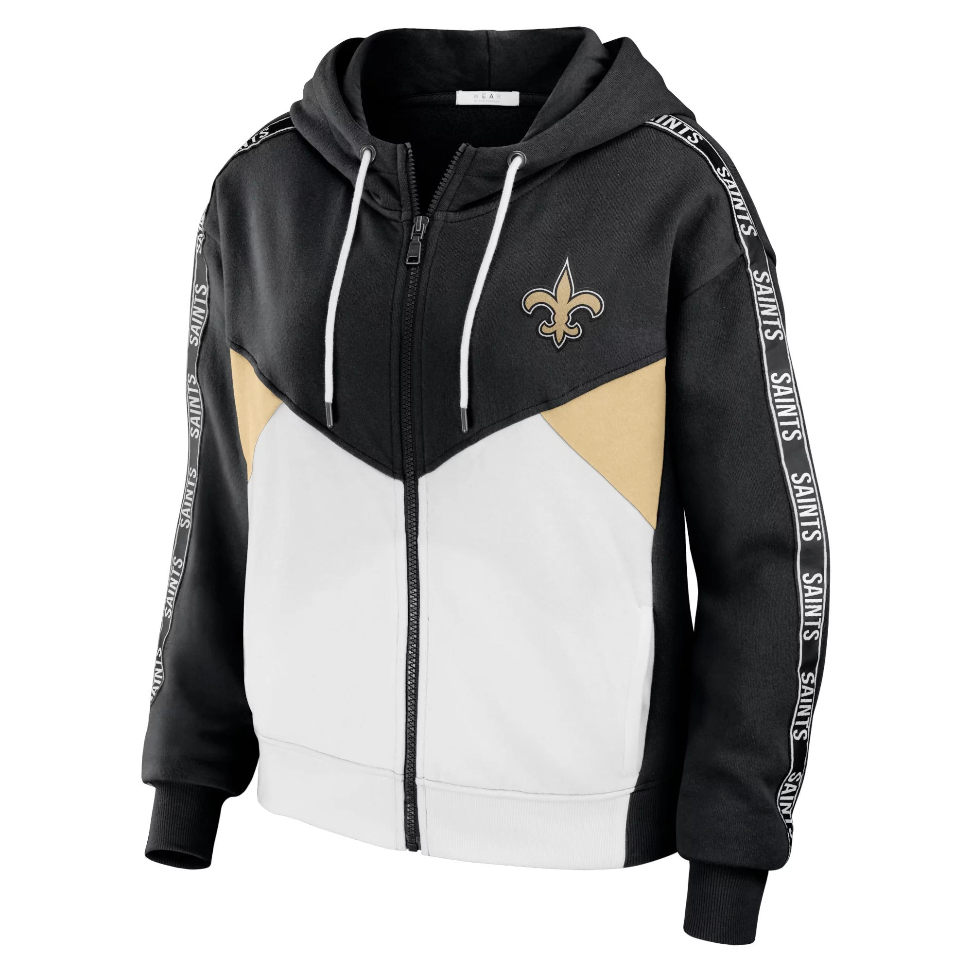 Women's WEAR by Erin Andrews Black/White New Orleans Saints Color Block Light Weight Modest Crop Full-Zip Hoodie
