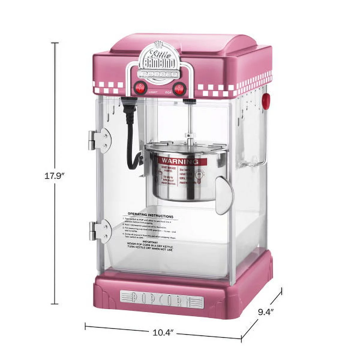 Little Bambino Countertop Popcorn Machine – 2.5oz Kettle with Measuring Spoon, Scoop, and 25 Serving Bags by Great Northern Popcorn (Pink)
