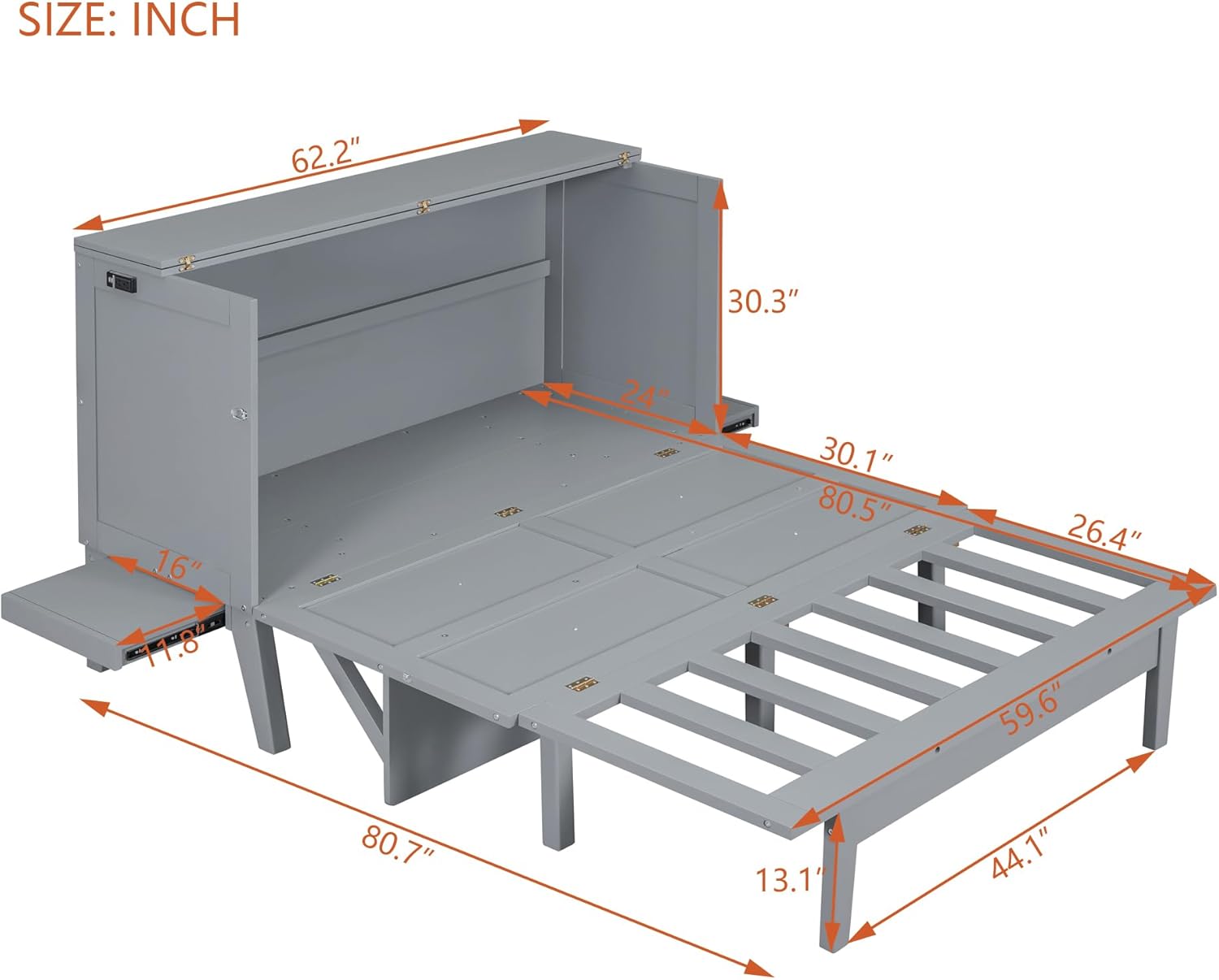 Murphy Bed Queen with Desk Board and Removable Shelves,Wooden Murphy Bed Cabinet with Charging Station, Space-Saving Modern Murphy Cube Wall Bed for Guest Room Home Office, Grey