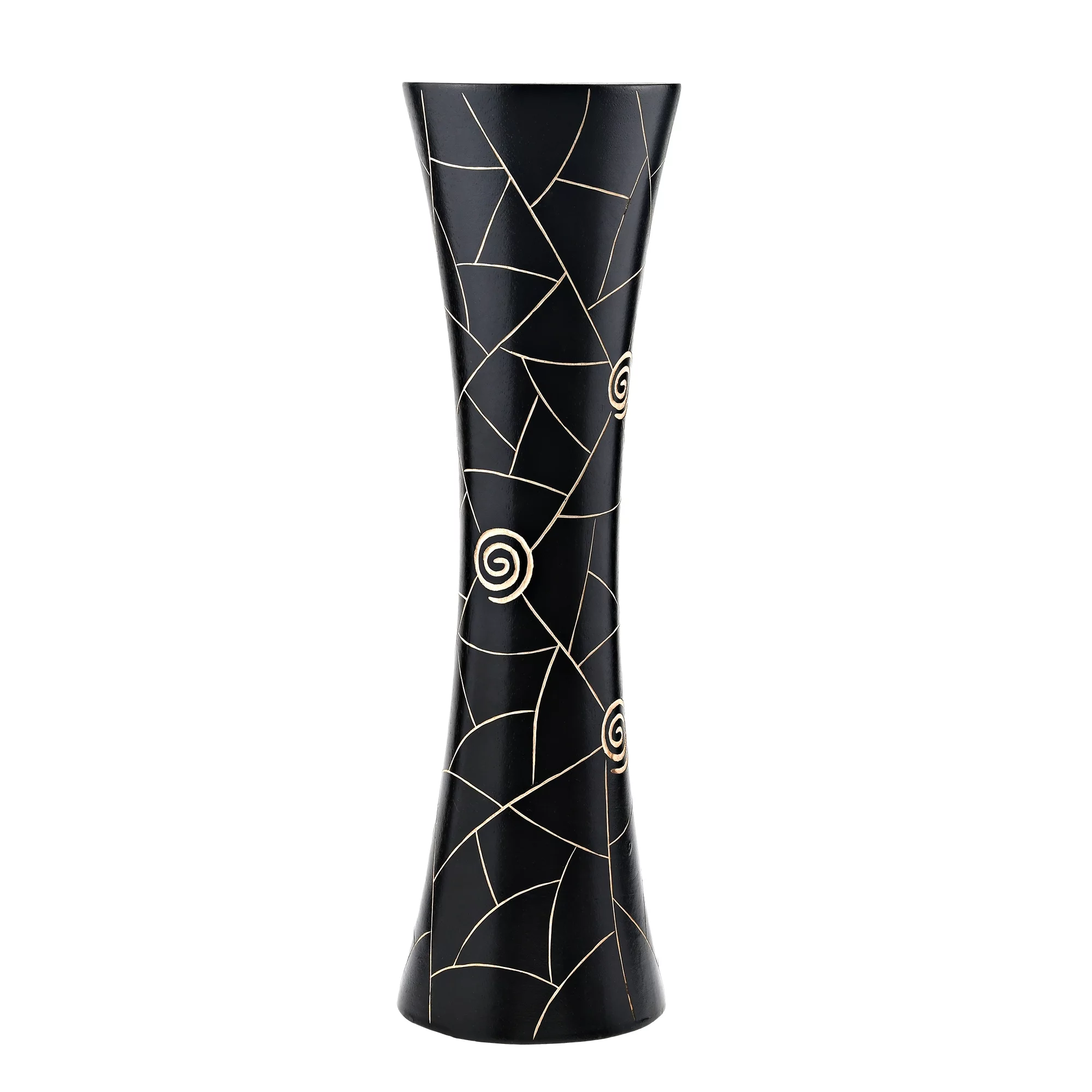 AeraVida Sleek Classy Modern Black Golden Geometric Etch Natural Mango Tree Wood Concaving Vase