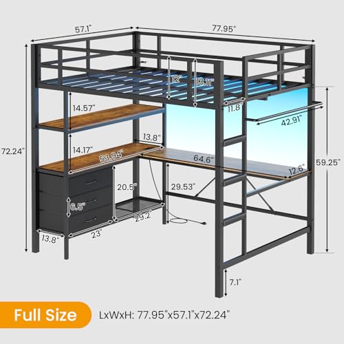 DICTAC Loft Bed Full Size with L-Shaped Desk and Charging Station Full Metal Bed Frame with LED Lights,Open Shelves and 3 Fabric Storage Drawers,Loft Beds with Top Bunk -Safety Guard & Stairs,Black