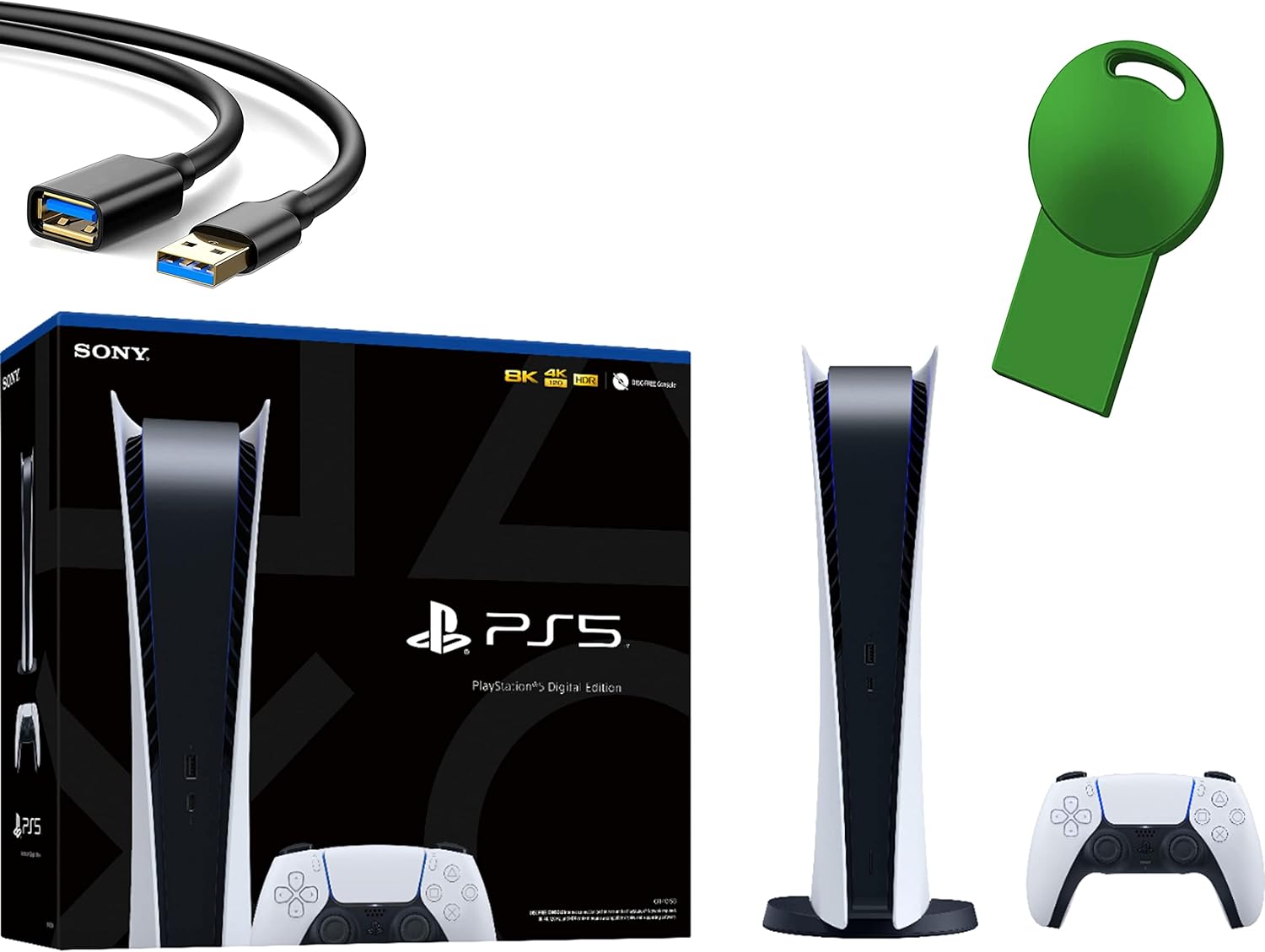 Sony PS5 PlayStation 5 Digital Edition Gaming Console + 1 Wireless Controller - 16GB GDDR6 Memory, 825GB SSD Storage, WiFi 6, Bluetooth 5.1 - iPuzzle 32GB Green USB Flash Drive + USB Extension Cable