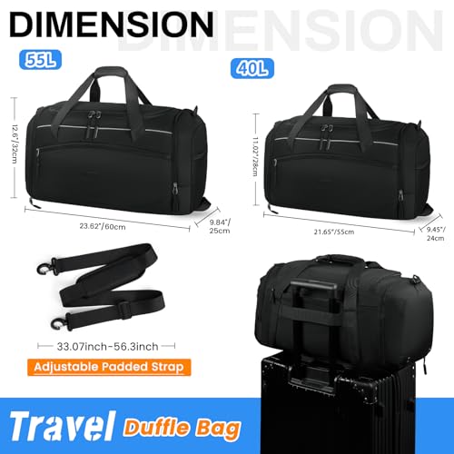 RAINSMORE Gym Bag for Men,55L Travel Duffel Bag With Shoe Compartment & Wet Pocket, Carry On Bag Weekender Overnight Bag, Water Resistant Sports Gym Tote Bags Workout Sports Duffle Bag, Black