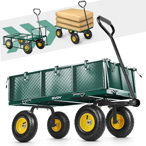 GVDV 660LB Garden Cart with Liner, Heavy Duty Steel Garden Wagon, Folding Utility Wagon with Removable Sides and 10