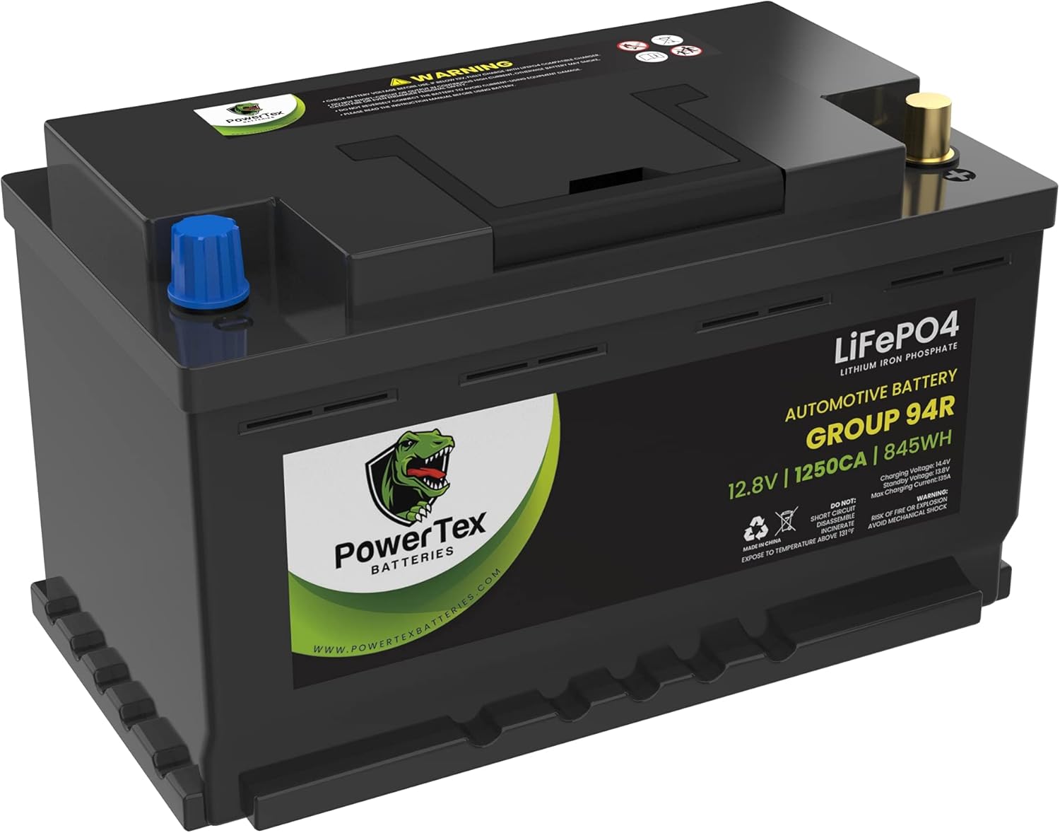 Powertex Batteries Lithium-Ion LiFePO4 BCI Group Size 94R / H7 Automotive Battery - 12.8V 1250CA 590CCA 66Ah 845Wh - AGM & SLA Drop-In Premium Replacement
