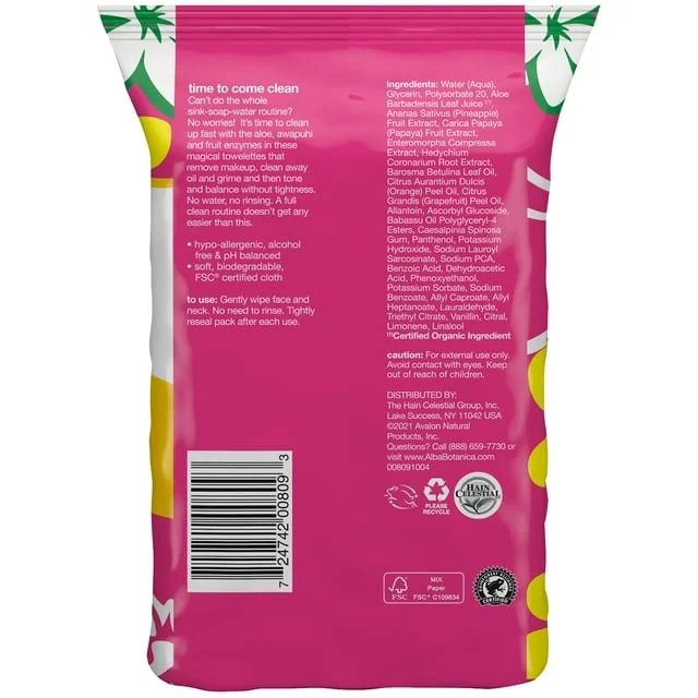 Alba Botanica Hawaiian 3-In-1 Clean Towelettes Pineapple Enzyme 30 ea (Pack of 4)