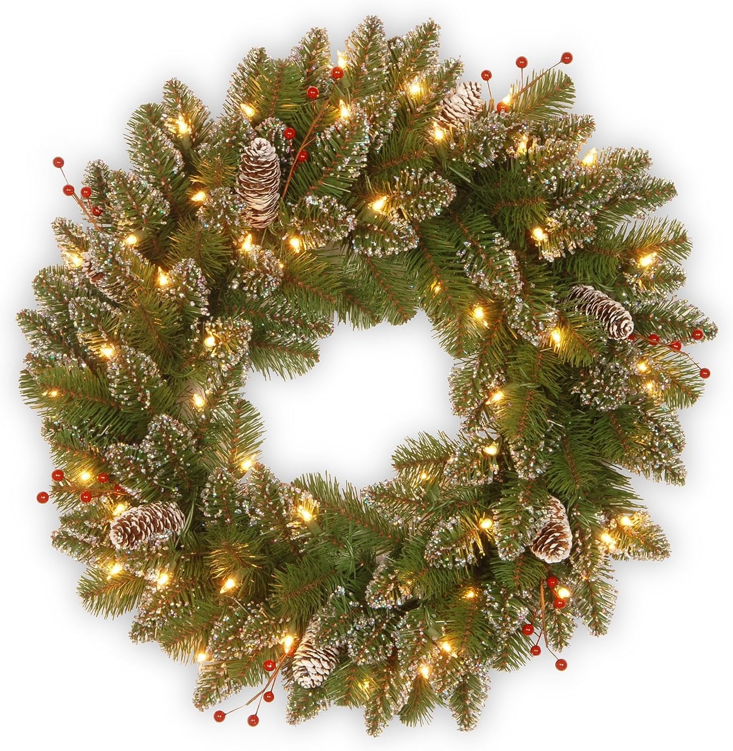 National Tree Company Pre-Lit Artificial Christmas Wreath, Green, Glittery Mountain Spruce, White Lights, Decorated with Pine Cones, Berry Clusters, Frosted Branches, Christmas Collection, 24 Inches