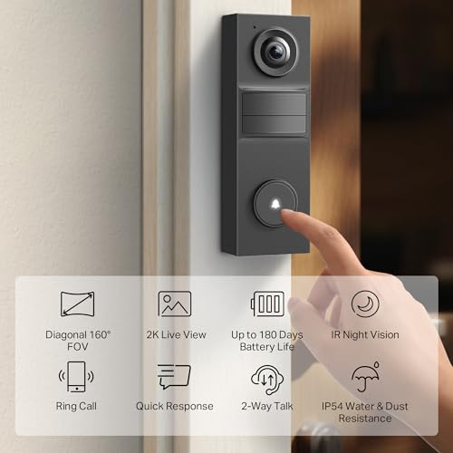 Tapo TP-Link Smart Video Doorbell Camera Wired, 2K 5MP, Color Night Vision, 180° Ultra-Wide FOV, 2-Way Audio, Free AI Detection, Cloud & SD Card Storage, Works w/Alexa & Google Home, D130