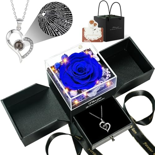 Preserved Flowers Mothers Day Gifts for Mom, Forever Real Rose with I Love You in 100 Languages Heart Necklace, Birthday Gifts for Women Mom Wife Girlfriend on Valentines Mothers Day Anniversary Red