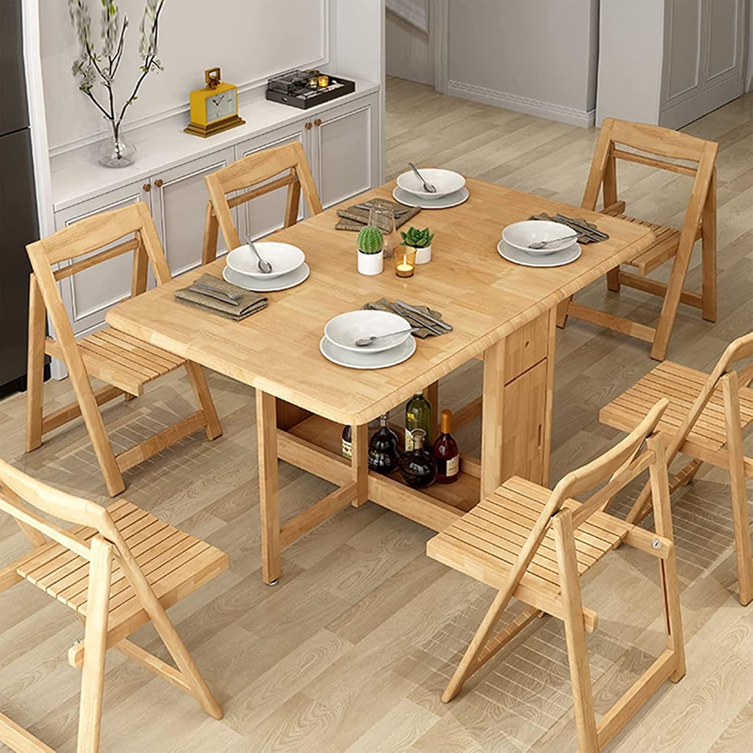 Kitchen Table, Folding Dining Table, Solid Wood Drop Leaf Table, Space Saving Compact Dining Room Table (A) (B)