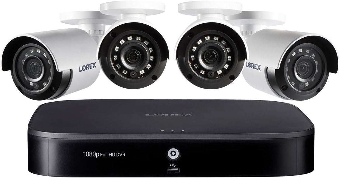 Lorex Indoor/Outdoor Wired Security Camera System, 1080p HD Bullet Cameras with Motion Detection Surveillance, Night Vision & Smart Home Voice Compatibility, 1TB 8 Channel DVR, 4 Cameras
