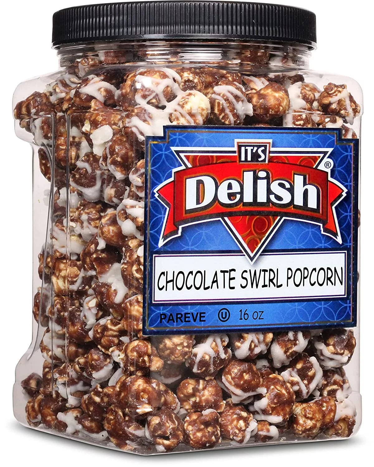 Chocolate Swirl Popcorn by Its Delish, 16 Oz 1 Lb Jumbo Container Bulk Popcorn, Festive Chocolate Air Popped Sweet Crunchy Popcorn with Chocolate Corn Snack, Parties  Gluten Free, Vegan, Kosher