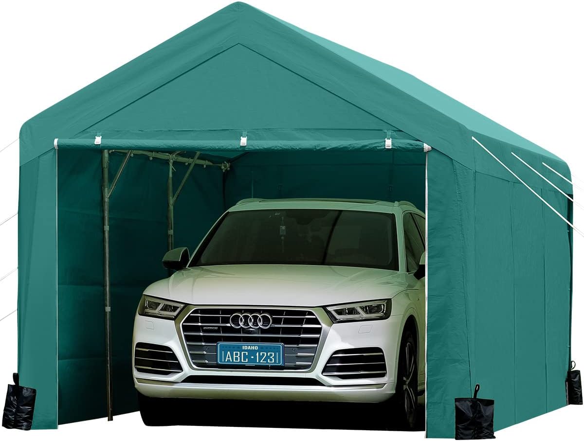 Finfree 10 x 20 ft Carport Heavy Duty Car Canopy W/ Removable Sidewalls and Doors and 4 sandbags, Garage Shelter for Outdoor Party, Birthday, Garden, Boat,Beige