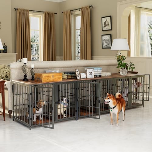 Large Wooden Dog Crate Furniture: 105inch XXL Unlimited Connected TV Entertaiment Center Dog Houses with Removable Divider - Indoor Wood Topper Dog Cages with Two Side Door and Escape Proof Lock