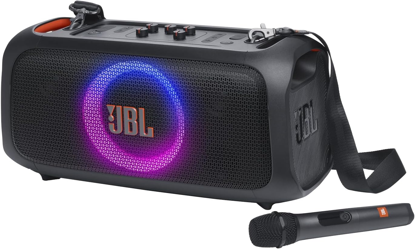 JBL PartyBox On-The-Go Essential - Portable party speaker with built-in lights and wireless mic, Amazing Pro Sound, IPX4 splashproof protection, 6 hours of playtime, Convenient shoulder strap