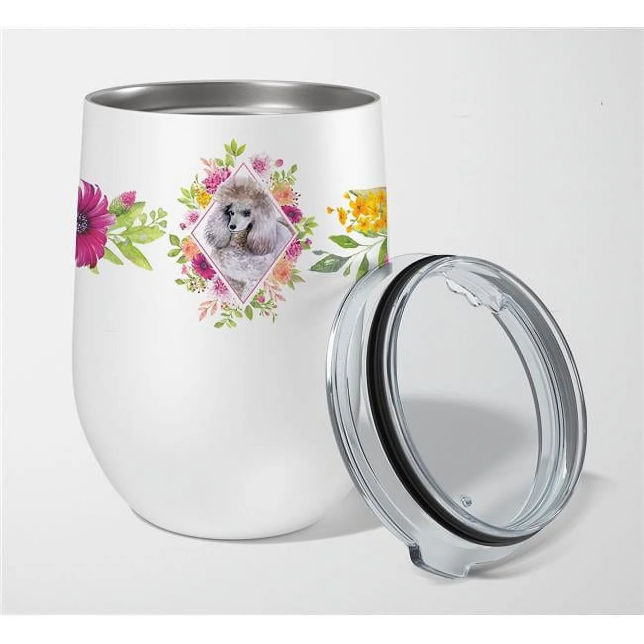 12 oz Standard Grey Poodle Pink Flowers Stainless Steel Stemless Wine Glass