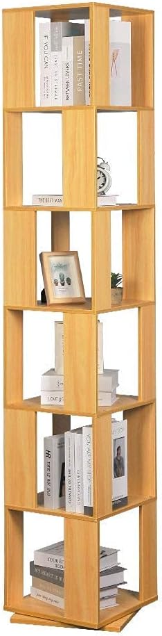Rotating 6 Tiers Wooden Corner Floor Standing Unit Display and Storage Rack Tall Slimline Bookcase L. (Color : Walnut)