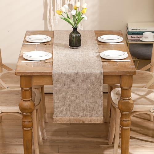 Boho Table Runner with Fringe 12x120 Inch Farmhouse Rustic Table Runner Coffee Linen Table Runner for Dining Party Wedding Decoration(one Piece)
