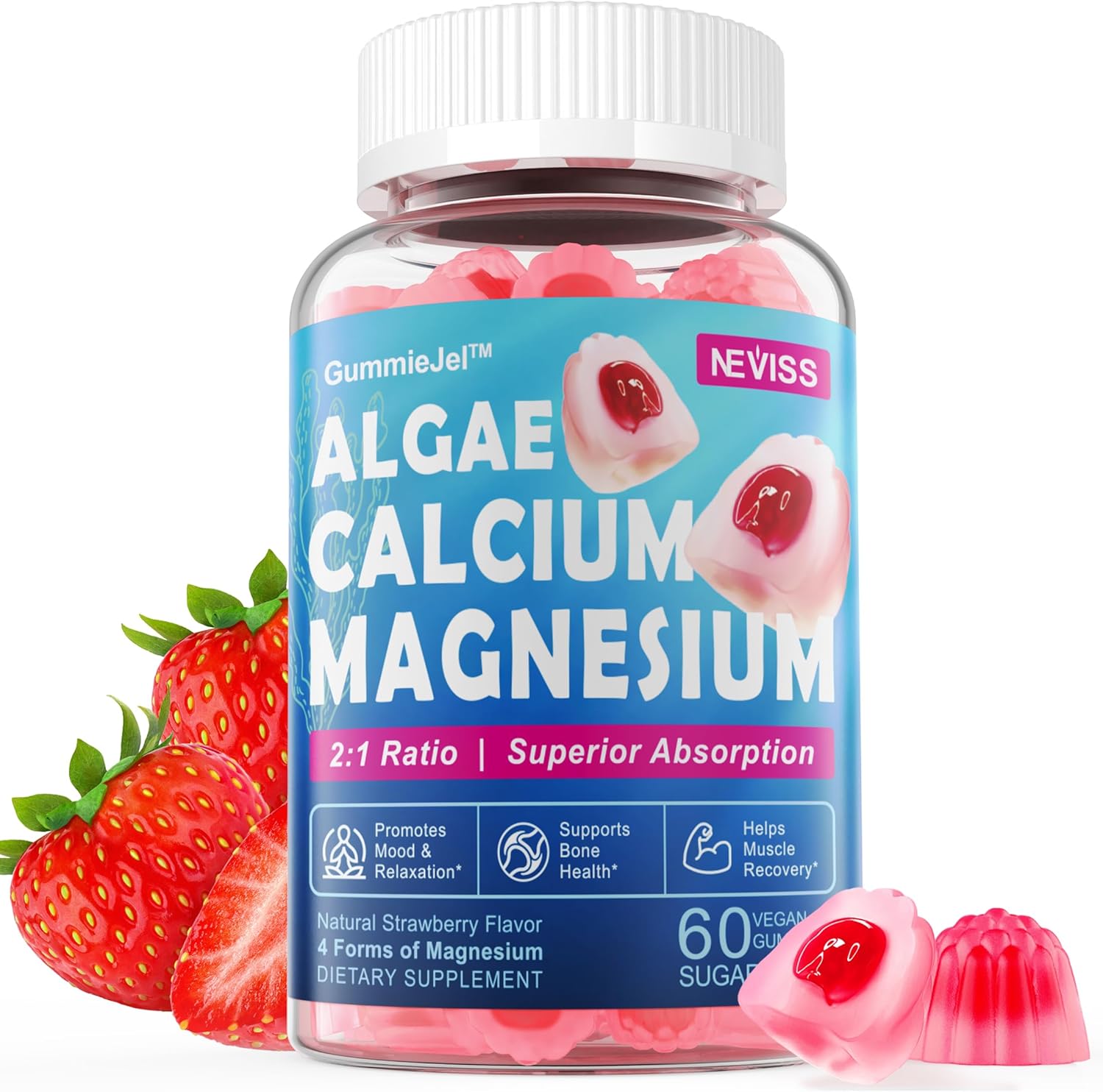 Calcium Supplement Gummy - Bone Strength with Algae Calcium 600mg, Magnesium 300mg, Zinc, D3 & B12 Complex - Plant-Based Calcium Magnesium 2:1 Ratio, Calcium Citrate Alternative, Gut-Friendly, 1Pack