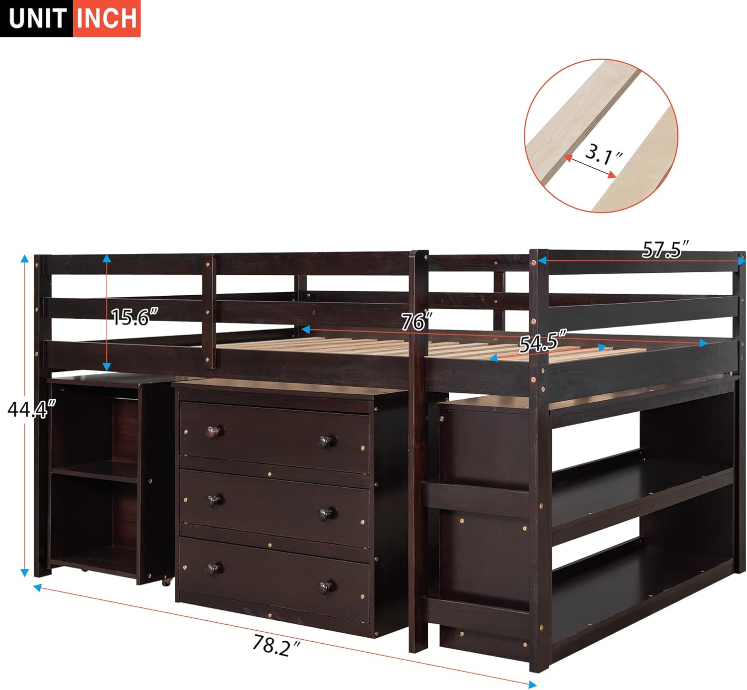 Low Study Full Loft Bed with Cabinet,Shelves and Rolling Portable Desk,Multiple Functions Bed- Espresso