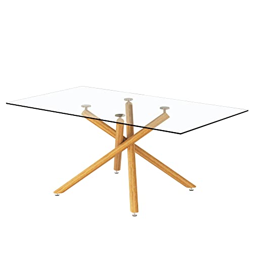 71 Inch Glass Dining Table for 6-8 with Golden Chrome Metal Legs, Tempered Glass Top Dining Table, Rectangular Modern Dining Table for Kitchen, Dining Room, Living Room (Golden + Glass)