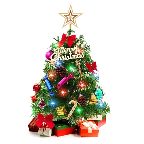 20 Inch Christmas Tree with Light Small Table Top Christmas Tree with LED String Lights, Star Treetop, Ornaments Balls Artificial DIY Christmas Table Decoration