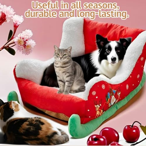 2026 New Christmas Sleigh Dog Beds,Interesting Red Christmas Cat Dog Bed，Holiday Plush Pet Bed with Synthetic Fur,Washable Durable Cozy Comfort for Indoor Outdoor Use（24.8×17.7×13 inches）