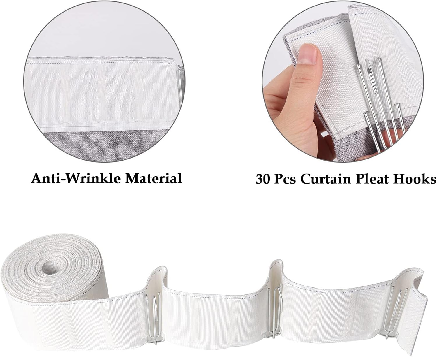 Curtain Pleat Tape, 10 Yards Pleater Tape for Curtains, Included 30 Pcs Stainless Steel 4 Prongs Curtain Pleater Hooks for DIY Pinch Pleat Curtain, White