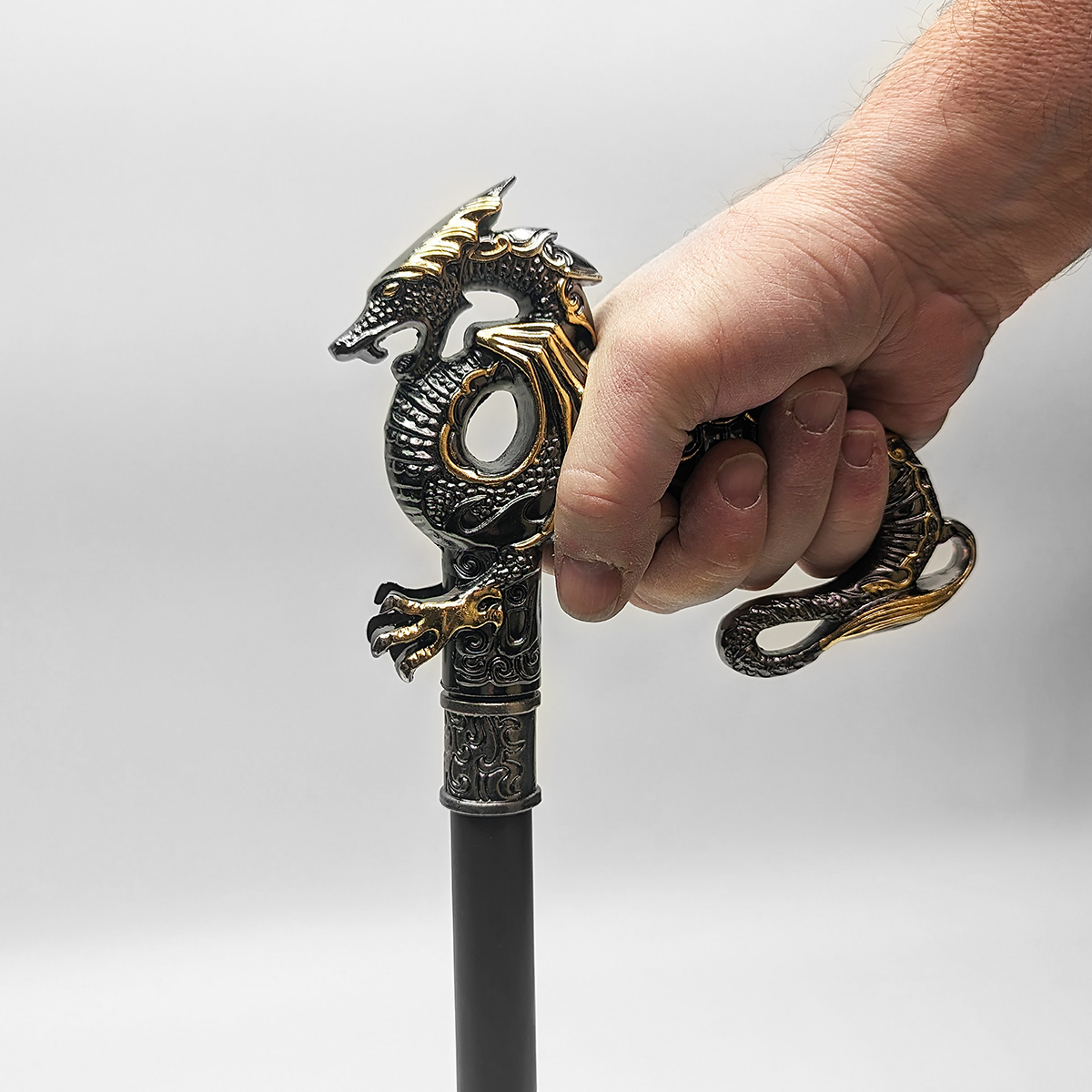 Winged Dragon Silver Gold Metal Cane 2pc Steel Shaft Men Women Walking Stick