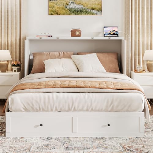 Queen Murphy Bed with Storage & Charging Station, Murphy Cabinet with Foldable Panel, Noisy Free, for Guest Bedroom, Living Room, Office, Distressed White