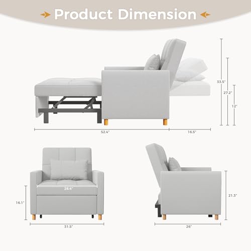 Esright Sleeper Chair, 3-in-1 Convertible Sofa Bed Adjustable Backrest with Throw Pillow, Pull Out Sofa Bed Couch for Small Space, Apartment, RV, Light Grey