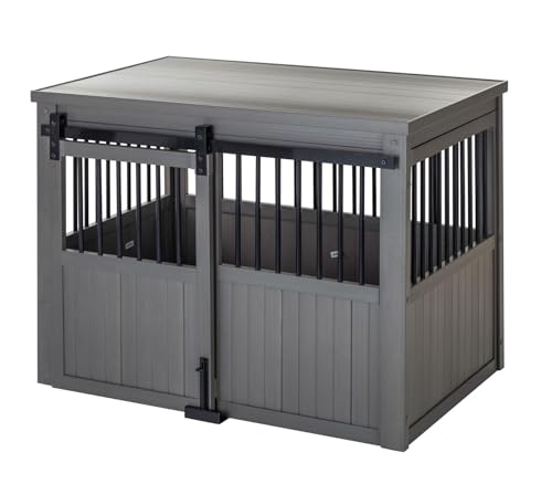 New Age Pet® ECOFLEX® Homestead Sliding Barn Door Furniture Style Dog Crate -Grey, Large (EHDBC15-05L) - Stylish, Durable, Removable Cushions, Easy to Assemble.