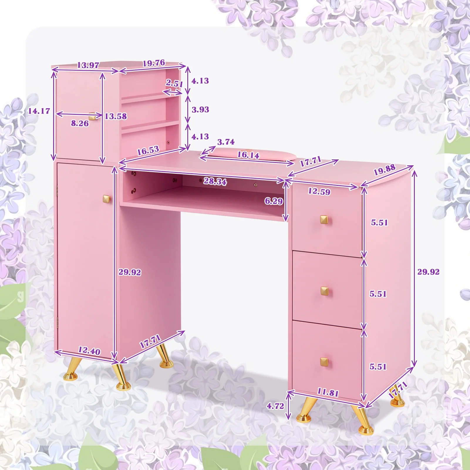 LUXMARS Manicure Table Nail Table for Technician w/Wrist Rest & Plastic Table Mat, Acetone Resistant Nail Desk Station w/Large Capacity Storage Space, for Home Spa Beauty Salon - Pink