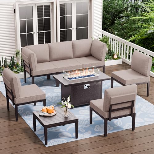 15 Pieces Patio Furniture Set w/55,000 BTU Propane Fire Pit 12-Seat Metal Modular Outdoor Conversation Sectional w/Thick Cushion and Coffee Table for Deck,Backyard,Lawn,Navy Blue