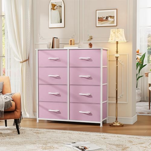 DWVO Fabric Dresser for Bedroom, Tall Storage with 8 Drawers, Pink Chest of Drawers, Storage Drawer Organizer for Closet (Begonia Pink)