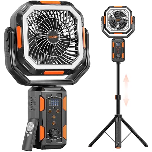 OGERY F21 Camping Fan with Stand, 20000mAh Rechargeable Battery Powered Standing Fan, LED Lanterns for Power Outages, Strong Wind, Fast Charging for Tent, Travel, Bedroom, Camping Essentials