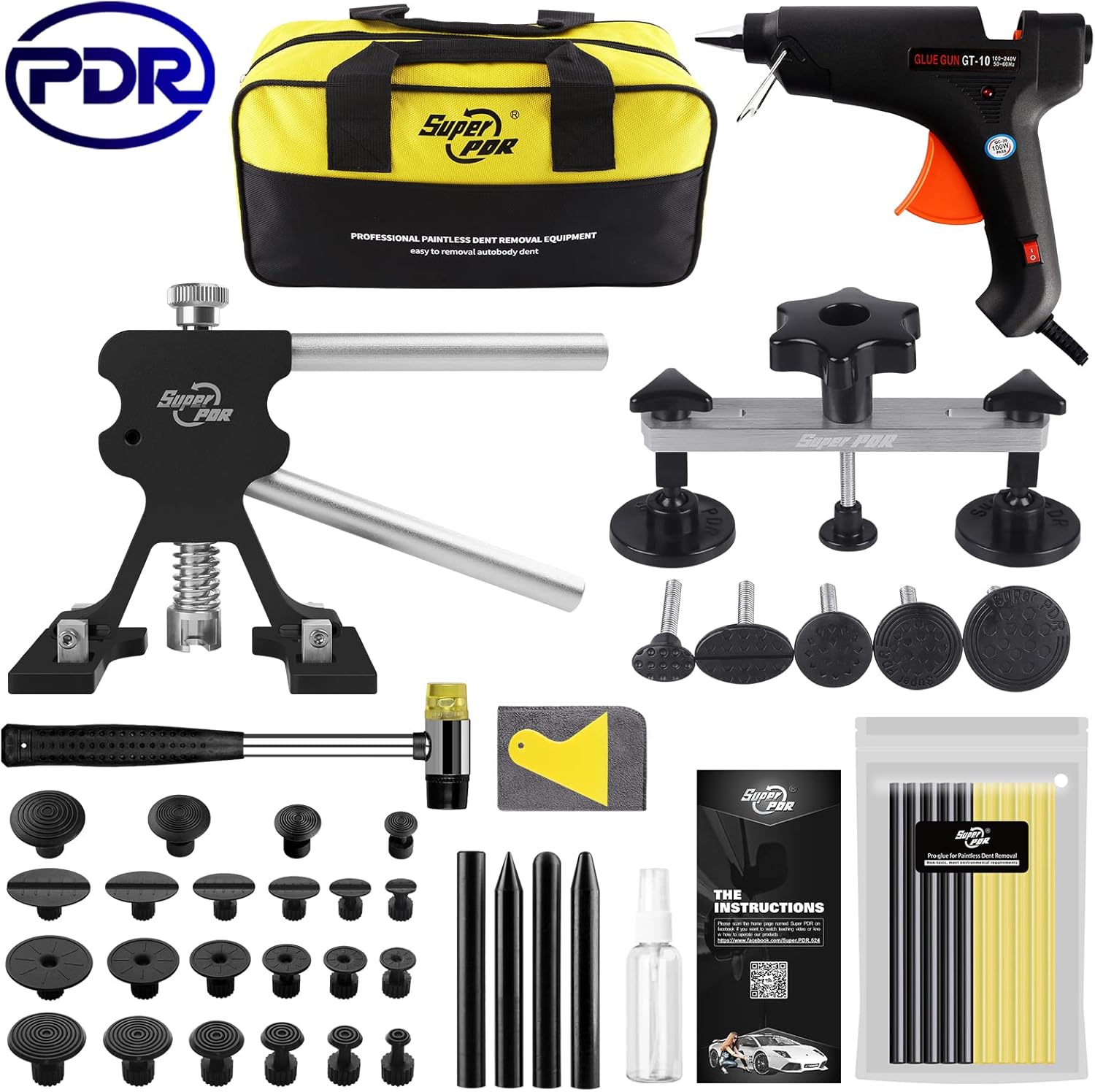 Super PDR Paintless Dent Repair Kit, Black Dent Remover Tool Auto Body Dent Removal Kit with Double Pole Bridge Dent Puller for Auto Body Tools Pack of 2