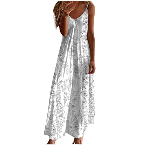 Women Summer Sleeveless Dresses Vacation Printed Beach Dress Casual Vintage V-Neck Dress Long Flowy Boho Dress